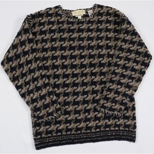 VTG Joseph Abboud Hand Knit Wool Silk Blend Houndstooth Sweater Navy Brown M